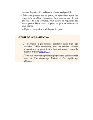 l’assemblage des pièces chères le plus en aval possible.
• Évitez de grouper, sur un poste, les opérations ayant des
temps très variables. Cependant, dans certains cas, il peut
être utile de faire l’inverse, pour assurer la régularité des
autres postes. Dans ce cas, le poste en question doit être en
sous-charge.
• Allégez la charge de travail du premier poste.
Avant de vous lancer…
✓ Fabriquer à productivité constante aussi bien des
quantités faibles qu’élevées, avec un nombre variable
d’opérateurs, est possible si la ligne est souple, comme la
ligne en U (voir outil no
21).
✓Veillez à rendre les opérateurs polyvalents, condition sine
qua non d’un découpage flexible et d’un équilibrage
efficace.
 