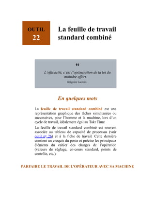 OUTIL
22
La feuille de travail
standard combiné
“
L’efficacité, c’est l’optimisation de la loi du
moindre effort.
Grégoire Lacroix
En quelques mots
La feuille de travail standard combiné est une
représentation graphique des tâches simultanées ou
successives, pour l’homme et la machine, lors d’un
cycle de travail, idéalement égal au Takt Time.
La feuille de travail standard combiné est souvent
associée au tableau de capacité de processus (voir
outil no
26) et à la fiche de travail. Cette dernière
contient un croquis du poste et précise les principaux
éléments du cahier des charges de l’opération
(valeurs de réglage, en-cours standard, points de
contrôle, etc.).
PARFAIRE LE TRAVAIL DE L’OPÉRATEUR AVEC SA MACHINE
 