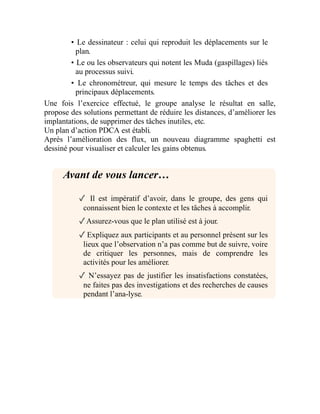 • Le dessinateur : celui qui reproduit les déplacements sur le
plan.
• Le ou les observateurs qui notent les Muda (gaspillages) liés
au processus suivi.
• Le chronométreur, qui mesure le temps des tâches et des
principaux déplacements.
Une fois l’exercice effectué, le groupe analyse le résultat en salle,
propose des solutions permettant de réduire les distances, d’améliorer les
implantations, de supprimer des tâches inutiles, etc.
Un plan d’action PDCA est établi.
Après l’amélioration des flux, un nouveau diagramme spaghetti est
dessiné pour visualiser et calculer les gains obtenus.
Avant de vous lancer…
✓ Il est impératif d’avoir, dans le groupe, des gens qui
connaissent bien le contexte et les tâches à accomplir.
✓Assurez-vous que le plan utilisé est à jour.
✓Expliquez aux participants et au personnel présent sur les
lieux que l’observation n’a pas comme but de suivre, voire
de critiquer les personnes, mais de comprendre les
activités pour les améliorer.
✓ N’essayez pas de justifier les insatisfactions constatées,
ne faites pas des investigations et des recherches de causes
pendant l’ana-lyse.
 