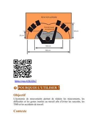 https://goo.gl/9LVDv7
POURQUOI L’UTILISER ?
Objectif
L’économie de mouvements permet de réduire les mouvements, les
difficultés et les gestes inutiles au travail afin d’éviter les surcoûts, les
TMS et les accidents de travail.
Contexte
 