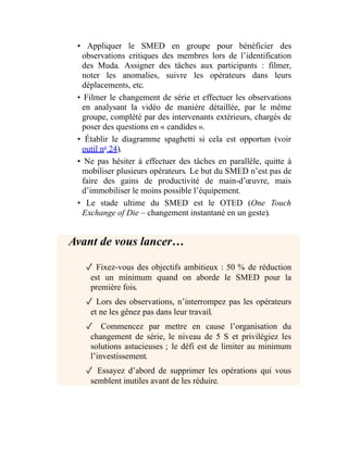• Appliquer le SMED en groupe pour bénéficier des
observations critiques des membres lors de l’identification
des Muda. Assigner des tâches aux participants : filmer,
noter les anomalies, suivre les opérateurs dans leurs
déplacements, etc.
• Filmer le changement de série et effectuer les observations
en analysant la vidéo de manière détaillée, par le même
groupe, complété par des intervenants extérieurs, chargés de
poser des questions en « candides ».
• Établir le diagramme spaghetti si cela est opportun (voir
outil no
24).
• Ne pas hésiter à effectuer des tâches en parallèle, quitte à
mobiliser plusieurs opérateurs. Le but du SMED n’est pas de
faire des gains de productivité de main-d’œuvre, mais
d’immobiliser le moins possible l’équipement.
• Le stade ultime du SMED est le OTED (One Touch
Exchange of Die – changement instantané en un geste).
Avant de vous lancer…
✓ Fixez-vous des objectifs ambitieux : 50 % de réduction
est un minimum quand on aborde le SMED pour la
première fois.
✓ Lors des observations, n’interrompez pas les opérateurs
et ne les gênez pas dans leur travail.
✓ Commencez par mettre en cause l’organisation du
changement de série, le niveau de 5 S et privilégiez les
solutions astucieuses ; le défi est de limiter au minimum
l’investissement.
✓ Essayez d’abord de supprimer les opérations qui vous
semblent inutiles avant de les réduire.
 