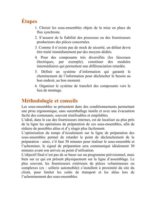Étapes
1. Choisir les sous-ensembles objets de la mise en place du
flux synchrone.
2. S’assurer de la fiabilité des processus ou des fournisseurs
producteurs des pièces concernées.
3. Comme il n’existe pas de stock de sécurité, un défaut devra
être traité immédiatement par des moyens dédiés.
4. Pour des composants très diversifiés (les faisceaux
électriques, par exemple), constituer des modules
intermédiaires qui permettent une différenciation retardée.
5. Définir un système d’information qui garantit le
cheminement de l’information pour déclencher le besoin au
bon endroit, au bon moment.
6. Organiser le système de transfert des composants vers le
lieu de montage.
Méthodologie et conseils
Les sous-ensembles se présentent dans des conditionnements permettant
une prise ergonomique, sans suremballage inutile et avec une évacuation
facile des contenants, souvent réutilisables et empilables.
L’idéal, dans le cas des fournisseurs internes, est de localiser au plus près
de la ligne les opérations de préparation de ces sous-ensembles, afin de
réduire de possibles aléas et d’y réagir plus facilement.
L’optimisation du temps d’écoulement sur la ligne de préparation des
sous-ensembles permet de retarder le point de déclenchement de la
préparation : ainsi, s’il faut 30 minutes pour réaliser le sous-ensemble et
l’acheminer, le signal de préparation sera communiqué idéalement 30
minutes avant son arrivée au point d’utilisation.
L’objectif final n’est pas de se baser sur un programme prévisionnel, mais
bien sur ce qui est présent physiquement sur la ligne d’assemblage. Le
plus souvent, les fournisseurs extérieurs de pièces volumineuses ou
complexes (ex : sellerie automobile) s’installent à proximité du site du
client, pour limiter les coûts de transport et les aléas lors de
l’acheminement des sous-ensembles.
 