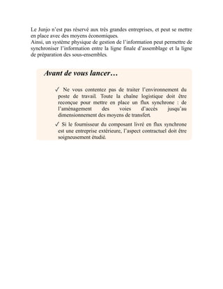 Le Junjo n’est pas réservé aux très grandes entreprises, et peut se mettre
en place avec des moyens économiques.
Ainsi, un système physique de gestion de l’information peut permettre de
synchroniser l’information entre la ligne finale d’assemblage et la ligne
de préparation des sous-ensembles.
Avant de vous lancer…
✓ Ne vous contentez pas de traiter l’environnement du
poste de travail. Toute la chaîne logistique doit être
reconçue pour mettre en place un flux synchrone : de
l’aménagement des voies d’accès jusqu’au
dimensionnement des moyens de transfert.
✓ Si le fournisseur du composant livré en flux synchrone
est une entreprise extérieure, l’aspect contractuel doit être
soigneusement étudié.
 