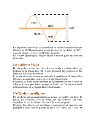 Les ergonomes conseillent de commencer les actions d’amélioration par
éliminer les MURI (surcharges), ensuite diminuer la variabilité (MURA).
Ainsi, la fatigue et le stress sont traités en premier.
Les MUDA (gaspillages) sont plus faciles à détecter quand le climat est
plus serein.
Le huitième Muda
Depuis quelque temps, aux côtés des sept Muda « traditionnels », un
huitième est de plus en plus cité : la sous-utilisation des compétences, des
idées, des initiatives des salariés.
Renoncer à leur contribution pour résoudre les problèmes, alors qu’ils les
affrontent au quotidien, c’est se priver d’une ressource clé.
L’adoption du Lean comme système de management est par essence un
début de réponse pour limiter ce type de Muda, car l’aspect participatif
est indissociable de la réussite dans cette démarche.
L’effet des paradigmes
Un paradigme est une représentation du monde, un modèle, une façon de
penser qui débouche, avec le temps, sur des habitudes qui nous
empêchent de voir les choses d’une autre façon, de progresser.
Organiser des « chasses aux gaspillages » en compagnie de personnes qui
partagent d’autres réalités permet de briser ces cadres, ces « rails de
 