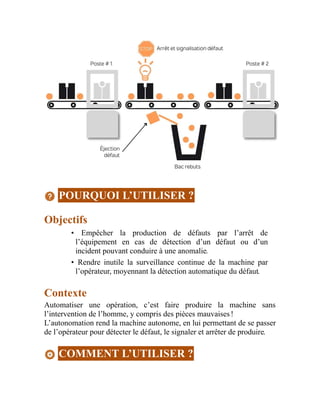 POURQUOI L’UTILISER ?
Objectifs
• Empêcher la production de défauts par l’arrêt de
l’équipement en cas de détection d’un défaut ou d’un
incident pouvant conduire à une anomalie.
• Rendre inutile la surveillance continue de la machine par
l’opérateur, moyennant la détection automatique du défaut.
Contexte
Automatiser une opération, c’est faire produire la machine sans
l’intervention de l’homme, y compris des pièces mauvaises !
L’autonomation rend la machine autonome, en lui permettant de se passer
de l’opérateur pour détecter le défaut, le signaler et arrêter de produire.
COMMENT L’UTILISER ?
 