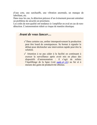 d’une cote, une surchauffe, une vibration anormale, un manque de
lubrifiant, etc.
Dans tous les cas, la détection précoce d’un événement pouvant entraîner
un problème de sécurité est prioritaire.
Les coûts de non-qualité ont tendance à s’amplifier en aval en cas de non-
détection. L’autonomation réduit ce risque de manière drastique.
Avant de vous lancer…
✓Dans certains cas, arrêter intempestivement la production
peut être lourd de conséquences. Se borner à signaler le
défaut pour déclencher une intervention rapide peut être la
solution.
✓ Attention à ne pas céder à la facilité en continuant à
exercer la surveillance après avoir mis en place des
dispositifs d’autonomation : il s’agit de refaire
l’équilibrage de la ligne (voir outil no
21) au fur et à
mesure des gains de productivité obtenus.
 