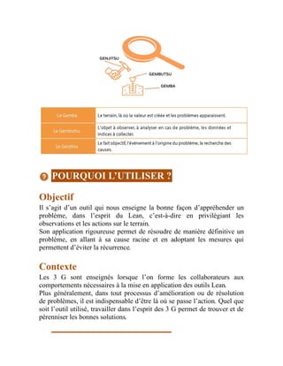 POURQUOI L’UTILISER ?
Objectif
Il s’agit d’un outil qui nous enseigne la bonne façon d’appréhender un
problème, dans l’esprit du Lean, c’est-à-dire en privilégiant les
observations et les actions sur le terrain.
Son application rigoureuse permet de résoudre de manière définitive un
problème, en allant à sa cause racine et en adoptant les mesures qui
permettent d’éviter la récurrence.
Contexte
Les 3 G sont enseignés lorsque l’on forme les collaborateurs aux
comportements nécessaires à la mise en application des outils Lean.
Plus généralement, dans tout processus d’amélioration ou de résolution
de problèmes, il est indispensable d’être là où se passe l’action. Quel que
soit l’outil utilisé, travailler dans l’esprit des 3 G permet de trouver et de
pérenniser les bonnes solutions.
 