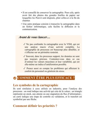 • Il est conseillé de conserver la cartographie. Pour cela, après
avoir fait des photos des grandes feuilles de papier sur
lesquelles les Post-it sont disposés, plier celles-ci à la fin du
chantier.
• Une autre pratique consiste à transcrire la cartographie dans
un fichier informatique, cela facilite la diffusion et la
communication.
Avant de vous lancer…
✓ Ne pas confondre la cartographie avec la VSM, qui est
une analyse macro d’une activité complète. La
cartographie de processus est beaucoup plus détaillée, et
s’effectue sur un périmètre restreint.
✓ Souvent, dans les processus support, les données ne sont
pas toujours précises. Contentez-vous dans ce cas
d’estimer les valeurs moyennes et leur variabilité, qui est
elle-même un indice d’amélioration possible.
✓ Prenez aussi en compte les problèmes qui affectent le
confort du personnel ou génèrent du stress.
COMMENT ÊTRE PLUS EFFICACE ?
Les symboles de la cartographie
Ils sont similaires à ceux utilisés en industrie, pour l’analyse des
processus : un rond indique une activité qui crée de la valeur ; un triangle
représente un stock, une attente ou une stagnation du flux d’information ;
un carré indique une étape de contrôle ou validation, et le transfert est
symbolisé par une flèche.
Comment définir les priorités ?
 