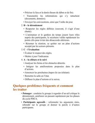 • Préciser le lieu et la durée (heure de début et de fin).
• Transmettre les informations qui s’y rattachent
(documents, données).
• Envoyer les convocations, ainsi que l’ordre du jour.
2. D – le déroulement
• Respecter les règles définies (souvent, il s’agit d’une
charte).
• L’animateur et le gardien du temps jouent leurs rôles
auprès des participants, le secrétaire valide rapidement les
points clés pour éviter des désaccords ultérieurs.
• Résumer la réunion, se quitter sur un plan d’actions
accepté par les acteurs présents.
3. C – l’évaluation
• Évaluer le respect des règles.
• Mettre à jour l’indicateur.
4. A – la clôture et le suivi
• Analyser les freins et les obstacles détectés.
• Intégrer les améliorations proposées dans le plan
d’actions.
• Annoncer les prochaines étapes (le cas échéant).
• Remettre la salle en l’état.
• Diffuser le plan d’actions et le suivre.
Quelques problèmes fréquents et comment
les traiter
• Patauger : conduire le groupe à regarder d’un œil critique le
déroulement, améliorer en passant rapidement par les phases
du cycle PDCA.
• Participants agressifs : reformuler les arguments émis,
rebondir sur le groupe et donner la parole à d’autres
participants.
 