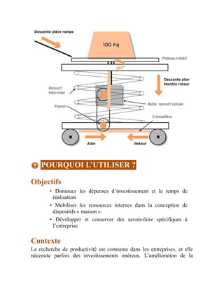 POURQUOI L’UTILISER ?
Objectifs
• Diminuer les dépenses d’investissement et le temps de
réalisation.
• Mobiliser les ressources internes dans la conception de
dispositifs « maison ».
• Développer et conserver des savoir-faire spécifiques à
l’entreprise.
Contexte
La recherche de productivité est constante dans les entreprises, et elle
nécessite parfois des investissements onéreux. L’amélioration de la
 