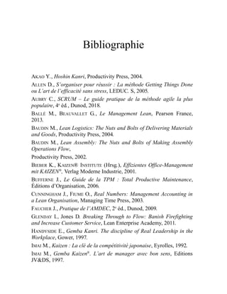 Bibliographie
AKAO Y., Hoshin Kanri, Productivity Press, 2004.
ALLEN D., S’organiser pour réussir : La méthode Getting Things Done
ou L’art de l’efficacité sans stress, LEDUC. S, 2005.
AUBRY C., SCRUM – Le guide pratique de la méthode agile la plus
populaire, 4e
éd., Dunod, 2018.
BALLÉ M., BEAUVALLET G., Le Management Lean, Pearson France,
2013.
BAUDIN M., Lean Logistics: The Nuts and Bolts of Delivering Materials
and Goods, Productivity Press, 2004.
BAUDIN M., Lean Assembly: The Nuts and Bolts of Making Assembly
Operations Flow,
Productivity Press, 2002.
BIEBER K., KAIZEN® INSTITUTE (Hrsg.), Effizientes Office-Management
mit KAIZEN®
, Verlag Moderne Industrie, 2001.
BUFFERNE J., Le Guide de la TPM : Total Productive Maintenance,
Éditions d’Organisation, 2006.
CUNNINGHAM J., FIUME O., Real Numbers: Management Accounting in
a Lean Organisation, Managing Time Press, 2003.
FAUCHER J., Pratique de l’AMDEC, 2e
éd., Dunod, 2009.
GLENDAY I., Jones D. Breaking Through to Flow: Banish Firefighting
and Increase Customer Service, Lean Enterprise Academy, 2011.
HANDYSIDE E., Gemba Kanri. The discipline of Real Leadership in the
Workplace, Gower, 1997.
IMAI M., Kaizen : La clé de la compétitivité japonaise, Eyrolles, 1992.
IMAI M., Gemba Kaizen®
. L’art de manager avec bon sens, Editions
JV&DS, 1997.
 