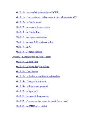 Outil 10 - Le comité de pilotage Lean (COPIL)
Outil 11 - L’animation des performances à intervalles courts (AIC)
Outil 12 - Le Gemba Kanri
Outil 13 - Le système de suggestions
Outil 14 - Le Gemba Tour
Outil 15 - Les équipes autonomes
Outil 16 - Le Lean & Green (avec vidéo)
Outil 17 - Le A3
Outil 18 - L’agenda standard
Dossier 3 - La production en Juste à Temps
Outil 19 - Le Takt Time
Outil 20 - Le temps de cycle manuel
Outil 21 - L’équilibrage
Outil 22 - La feuille de travail standard combiné
Outil 23 - L’analyse de processus
Outil 24 - Le diagramme spaghetti
Outil 25 - La ligne en U
Outil 26 - La capacité des processus
Outil 27 - L’ergonomie des postes de travail (avec vidéo)
Outil 28 - Le SMED (avec vidéo)
 