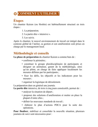 COMMENT L’UTILISER ?
Étapes
Un chantier Kaizen (ou Hoshin) est habituellement structuré en trois
étapes :
1. La préparation.
2. La partie dite « intensive ».
3. Les suivis.
Après le chantier, le nouvel environnement de travail est intégré dans le
contexte global de l’atelier, sa gestion et son amélioration sont prises en
charge par le management local.
Méthodologie et conseils
La phase de préparation du chantier Kaizen a comme buts de :
• confirmer le périmètre ;
• constituer le groupe pluridisciplinaire de participants et
désigner un animateur, garant de la méthodologie, ainsi
qu’un pilote, en charge de faire appliquer localement les
mesures définies par les participants ;
• fixer les défis, les objectifs et les indicateurs pour les
mesurer ;
• organiser la logistique de déroulement.
La préparation dure en général une journée.
La partie dite intensive, de trois à cinq jours consécutifs, permet de :
• analyser la situation de départ ;
• proposer des solutions d’amélioration et mettre en place la
plupart d’entre elles ;
• définir les nouveaux standards de travail ;
• élaborer le plan d’actions PDCA pour la suite des
opérations.
Pour finaliser, stabiliser et consolider la nouvelle situation, plusieurs
journées de suivi sont nécessaires pour :
 