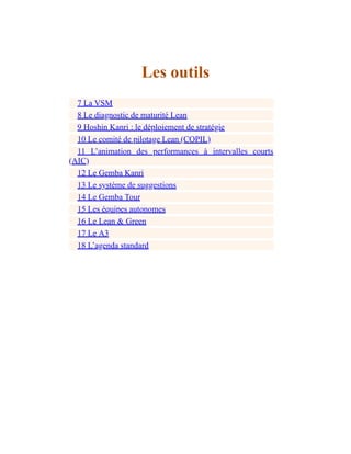 Les outils
7 La VSM
8 Le diagnostic de maturité Lean
9 Hoshin Kanri : le déploiement de stratégie
10 Le comité de pilotage Lean (COPIL)
11 L’animation des performances à intervalles courts
(AIC)
12 Le Gemba Kanri
13 Le système de suggestions
14 Le Gemba Tour
15 Les équipes autonomes
16 Le Lean & Green
17 Le A3
18 L’agenda standard
 