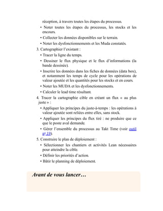 réception, à travers toutes les étapes du processus.
• Noter toutes les étapes du processus, les stocks et les
encours.
• Collecter les données disponibles sur le terrain.
• Noter les dysfonctionnements et les Muda constatés.
3. Cartographier l’existant :
• Tracer la ligne du temps.
• Dessiner le flux physique et le flux d’informations (la
bande dessinée).
• Inscrire les données dans les fiches de données (data box),
et notamment les temps de cycle pour les opérations de
valeur ajoutée et les quantités pour les stocks et en cours.
• Noter les MUDA et les dysfonctionnements.
• Calculer le lead time résultant.
4. Tracer la cartographie cible en créant un flux « au plus
juste » :
• Appliquer les principes du juste-à-temps : les opérations à
valeur ajoutée sont reliées entre elles, sans stock.
• Appliquer les principes du flux tiré : ne produire que ce
que le poste aval demande.
• Gérer l’ensemble du processus au Takt Time (voir outil
no
19).
5. Construire le plan de déploiement :
• Sélectionner les chantiers et activités Lean nécessaires
pour atteindre la cible.
• Définir les priorités d’action.
• Bâtir le planning de déploiement.
Avant de vous lancer…
 
