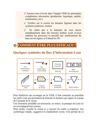 ✓ Assurez-vous d’avoir dans l’équipe VSM les principales
compétences nécessaires (production, logistique, qualité,
maintenance, etc.).
✓ Vérifiez sur le terrain les données figurant dans les
systèmes (cadences, stocks).
✓ Ne cédez pas à la tentation de vous lancer
immédiatement dans des boucles kanban avant d’avoir
stabilisé les processus et procédé aux améliorations de
base sur les lignes, et d’abord les 5S.
COMMENT ÊTRE PLUS EFFICACE ?
Quelques symboles du flux d’information Lean
Pour bénéficier des avantages de la VSM, il faut connaître au préalable
les outils Lean qui permettent de franchir la distance qui sépare le constat
de l’existant de la vision.
Une formation préalable est nécessaire, ou mieux, la pratique du Lean ou
un accompagnement externe.
Pour rendre visuelle la vision et y inscrire les outils à employer, une
symbolique simple, suggestive et standardisée existe. Cela permet de se
 