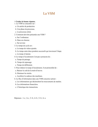 La VSM
> Cochez la bonne réponse.
1. La VSM se concentre sur :
a. Un atelier de production.
b. Une phase du processus.
c. Le processus entier.
2. Comment doit être présentée une VSM ?
a. Sur l’ordinateur.
b. Dans un classeur.
c. Sur un mur.
3. Le temps de cycle est :
a. Le temps de valeur ajoutée.
b. Le temps entre deux produits successifs qui traversent l’étape.
c. Le temps d’attente.
4. Le temps d’écoulement n’est pas synonyme de :
a. Temps de passage.
b. Temps de repassage.
c. Temps de défilement.
5. Pour réduire le temps d’écoulement, il est primordial de :
a. Baisser le coût de la main-d’œuvre.
b. Diminuer les stocks.
c. Accélérer la cadence des machines.
6. Le flux d’information dans une VSM concerne surtout :
a. Les informations qui déclenchent les mouvements de matière.
b. Les informations financières.
c. L’historique des transactions.
Réponses : 1-c ; 2-c ; 3- b ; 4- b ; 5- b ; 6- a
 
