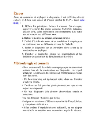 Étapes
Avant de construire et appliquer le diagnostic, il est préférable d’avoir
élaboré et diffusé une vision et d’avoir institué le COPIL (voir outil
no
10) :
1. Définir les principaux thèmes à mesurer. Par exemple,
déployer à partir des grands domaines SQCDME (sécurité,
qualité, coût, délai, motivation, environnement). Les outils
seront associés aux différents axes.
2. Définir le nombre de critères à mesurer par axe.
3. Définir l’échelle des notes et les conditions à remplir pour
se positionner sur les différents niveaux de l’échelle.
4. Tester le diagnostic sur un périmètre pilote avant de le
standardiser et appliquer.
5. Planifier le diagnostic, choisir les interlocuteurs et les
informer du contenu et du déroulement de l’activité.
Méthodologie et conseils
• Il est recommandé de se faire accompagner par un consultant
externe lors de la construction du diagnostic. Un regard
extérieur, l’expérience de contextes et problématiques variés
sont des atouts.
• Un benchmarking est également utile, dans un domaine
d’activité proche.
• L’auditeur ne doit pas être partie prenante par rapport aux
enjeux du diagnostic.
• Un bon diagnostic doit alterner observations terrain et
entretiens.
• Ne pas dépasser 10 critères par thème.
• Intégrer un maximum d’éléments quantitatifs d’appréciation,
y compris des indicateurs.
• Si les critères d’appréciation sont subjectifs, ne pas adopter
une échelle de cotation avec un nombre impair de niveaux.
 