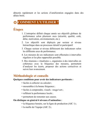 détectés rapidement et les actions d’amélioration engagées dans des
délais brefs.
COMMENT L’UTILISER ?
Étapes
1. L’entreprise définit chaque année ses objectifs globaux de
performance selon plusieurs axes (sécurité, qualité, coût,
délai, motivation, environnement, etc.).
2. Les objectifs sont déployés par secteur et niveau
hiérarchique dans un processus itératif et participatif.
3. Chaque secteur et niveau définissent des indicateurs selon
les différents axes de performance.
4. Les mesures de ces indicateurs sont effectuées à intervalles
réguliers et les plus rapprochés possible.
5. Des réunions « ritualisées », organisées à des intervalles en
cohérence avec la fréquence des mesures, permettent
d’analyser les écarts, proposer des actions correctives et
suivre leur avancement.
Méthodologie et conseils
Quelques conditions pour avoir des indicateurs pertinents :
• faciles à collecter ou calculer ;
• mesurables à la bonne fréquence ;
• faciles à comprendre, visuels : rouge/vert ;
• reflètent la performance locale ;
• permettent de remonter aux causes.
On distingue en général 4 niveaux d’animation :
• la fréquence horaire, sur la ligne de production (AIC 1) ;
• la maille de l’équipe (AIC 2) ;
 