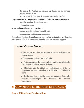 • la maille de l’atelier, du secteur, de l’unité ou du service,
journalière (AIC 3) ;
• au niveau de la direction, fréquence mensuelle (AIC 4).
Le processus s’accompagne d’outils qui facilitent son déroulement…
• agenda standard des animateurs ;
• règles d’escalade.
… ou qui consolident ses résultats :
• groupes de résolutions de problèmes ;
• standards de maintenance autonome.
Après la production, le déploiement du système se fait dans les fonctions
directement liées à la fabrication, ensuite vers les services support.
Avant de vous lancer…
✓ Ne lancez pas, dans un secteur, tous les indicateurs en
même temps.
✓Commencez toujours par la sécurité.
✓ Faites participer le personnel du secteur au choix des
indicateurs terrain au niveau de l’équipe.
✓ Habituez dès le début les participants à éviter la
dispersion et rester attachés aux dérives de l’indicateur
suivi.
✓ Définissez des priorités pour les actions, faites des
retours systématiques des décisions des niveaux
supérieurs.
COMMENT ÊTRE PLUS EFFICACE ?
Les « Rituels » d’animation
 