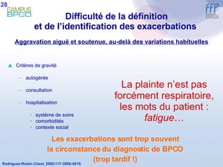 Difficulté de la définition et de l’identification des exacerbations   Rodriguez-Roisin C hest.  2000;117:398S-401S. Aggravation aiguë et soutenue, au-delà des variations habituelles Critères de gravité autogérée consultation hospitalisation système de soins comorbidités contexte social La plainte n’est pas forcément respiratoire, les mots du patient :  fatigue … Les exacerbations sont trop souvent la circonstance du diagnostic de BPCO (trop tardif !) 28 