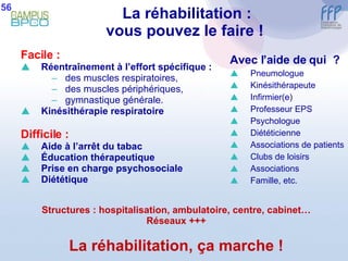 La réhabilitation : vous pouvez le faire !  Facile : Réentraînement à l’effort spécifique :  des muscles respiratoires, des muscles périphériques, gymnastique générale. Kinésithérapie respiratoire Difficile : Aide à l’arrêt du tabac Éducation thérapeutique Prise en charge psychosociale Diététique Avec l’aide de qui  ? Pneumologue Kinésithérapeute Infirmier(e) Professeur EPS Psychologue Diététicienne Associations de patients Clubs de loisirs Associations Famille, etc. Structures : hospitalisation, ambulatoire, centre, cabinet… Réseaux +++ La réhabilitation, ça marche ! 56 