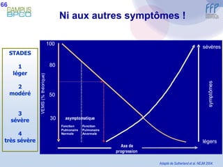 Adapté de Sutherland et al. NEJM 2004. STADES 1 léger 2 modéré 3 sévère 4 très sévère Ni aux autres symptômes ! 66 