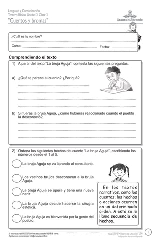 AraucaníAprende
Lenguaje y Comunicación
Tercero Básico,Unidad 3,Clase 3
"Cuentos y bromas"
Guía autoría Ministerio de Educación, LEM
AdaptaciónAuraucaníAprende
Fecha:
¿Cuál es tu nombre?
Curso:
Se autoriza su reproducción con fines educacionales citando la fuente.
Agradecemos comentarios a info@araucaniaprende.cl
1) A partir del texto “La bruja Aguja”, contesta las siguientes preguntas.
¿Qué te parece el cuento? ¿Por qué?
Comprendiendo el texto
a)
Si fueras la bruja Aguja, ¿cómo hubieras reaccionado cuando el pueblo
la desconoció?
b)
2) Ordena los siguientes hechos del cuento “La bruja Aguja”, escribiendo los
números desde el 1 al 5.
La bruja Aguja se va llorando al consultorio.
Los vecinos brujos desconocen a la bruja
Aguja.
La bruja Aguja se opera y tiene una nueva
nariz.
La bruja Aguja decide hacerse la cirugía
estética.
La bruja Aguja es bienvenida por la gente del
pueblo.
1
En los textos
narrativos, como los
cuentos, los hechos
o acciones ocurren
en un determinado
orden. A esto se le
llama secuencia de
hechos.
 