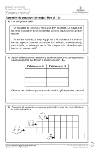 AraucaníAprende
Lenguaje y Comunicación
Tercero Básico,Unidad 3,Clase 3
"Cuentos y bromas"
Guía autoría Ministerio de Educación, LEM
AdaptaciónAuraucaníAprende
Se autoriza su reproducción con fines educacionales citando la fuente.
Agradecemos comentarios a info@araucaniaprende.cl
3) Lee el siguiente texto.
En el pueblo de los brujos, había una gran biblioteca. La mayoría de
los libros explicaban distintos hechizos que sólo algunos brujos podían
realizar.
En un día nublado, la bruja Aguja fue a la biblioteca a buscar un
hechizo especial. Mientras buscaba el libro indicado, encontró debajo
de una tabla, un sobre que decía: “No busques más, el hechizo que
buscas, en tu mano está”.
Aprendiendo para escribir mejor: Uso bl – br
4) A partir del texto anterior, descubre y escribe en la columna correspondiente,
aquellas palabras que tengan la combinación br – bl.
Observa las palabras que acabas de escribir, ¿Qué puedes concluir?
5) Completa el siguiente crucigrama, aplicando lo que has descubierto en
la actividad anterior.
2
Palabras con br Palabras con bl
 