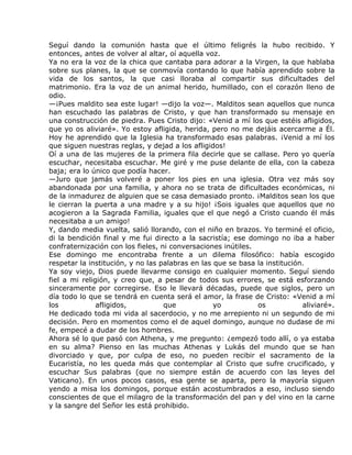 Seguí dando la comunión hasta que el último feligrés la hubo recibido. Y
entonces, antes de volver al altar, oí aquella voz.
Ya no era la voz de la chica que cantaba para adorar a la Virgen, la que hablaba
sobre sus planes, la que se conmovía contando lo que había aprendido sobre la
vida de los santos, la que casi lloraba al compartir sus dificultades del
matrimonio. Era la voz de un animal herido, humillado, con el corazón lleno de
odio.
—¡Pues maldito sea este lugar! —dijo la voz—. Malditos sean aquellos que nunca
han escuchado las palabras de Cristo, y que han transformado su mensaje en
una construcción de piedra. Pues Cristo dijo: «Venid a mí los que estéis afligidos,
que yo os aliviaré». Yo estoy afligida, herida, pero no me dejáis acercarme a Él.
Hoy he aprendido que la Iglesia ha transformado esas palabras. ¡Venid a mí los
que siguen nuestras reglas, y dejad a los afligidos!
Oí a una de las mujeres de la primera fila decirle que se callase. Pero yo quería
escuchar, necesitaba escuchar. Me giré y me puse delante de ella, con la cabeza
baja; era lo único que podía hacer.
—Juro que jamás volveré a poner los pies en una iglesia. Otra vez más soy
abandonada por una familia, y ahora no se trata de dificultades económicas, ni
de la inmadurez de alguien que se casa demasiado pronto. ¡Malditos sean los que
le cierran la puerta a una madre y a su hijo! ¡Sois iguales que aquellos que no
acogieron a la Sagrada Familia, iguales que el que negó a Cristo cuando él más
necesitaba a un amigo!
Y, dando media vuelta, salió llorando, con el niño en brazos. Yo terminé el oficio,
di la bendición final y me fui directo a la sacristía; ese domingo no iba a haber
confraternización con los fieles, ni conversaciones inútiles.
Ese domingo me encontraba frente a un dilema filosófico: había escogido
respetar la institución, y no las palabras en las que se basa la institución.
Ya soy viejo, Dios puede llevarme consigo en cualquier momento. Seguí siendo
fiel a mi religión, y creo que, a pesar de todos sus errores, se está esforzando
sinceramente por corregirse. Eso le llevará décadas, puede que siglos, pero un
día todo lo que se tendrá en cuenta será el amor, la frase de Cristo: «Venid a mí
los            afligidos,          que            yo          os            aliviaré».
He dedicado toda mi vida al sacerdocio, y no me arrepiento ni un segundo de mi
decisión. Pero en momentos como el de aquel domingo, aunque no dudase de mi
fe, empecé a dudar de los hombres.
Ahora sé lo que pasó con Athena, y me pregunto: ¿empezó todo allí, o ya estaba
en su alma? Pienso en las muchas Athenas y Lukás del mundo que se han
divorciado y que, por culpa de eso, no pueden recibir el sacramento de la
Eucaristía, no les queda más que contemplar al Cristo que sufre crucificado, y
escuchar Sus palabras (que no siempre están de acuerdo con las leyes del
Vaticano). En unos pocos casos, esa gente se aparta, pero la mayoría siguen
yendo a misa los domingos, porque están acostumbrados a eso, incluso siendo
conscientes de que el milagro de la transformación del pan y del vino en la carne
y la sangre del Señor les está prohibido.
 