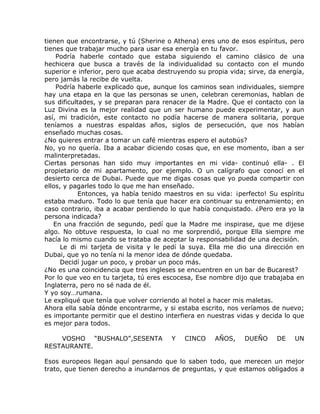 tienen que encontrarse, y tú (Sherine o Athena) eres uno de esos espíritus, pero
tienes que trabajar mucho para usar esa energía en tu favor.
    Podría haberle contado que estaba siguiendo el camino clásico de una
hechicera que busca a través de la individualidad su contacto con el mundo
superior e inferior, pero que acaba destruyendo su propia vida; sirve, da energía,
pero jamás la recibe de vuelta.
    Podría haberle explicado que, aunque los caminos sean individuales, siempre
hay una etapa en la que las personas se unen, celebran ceremonias, hablan de
sus dificultades, y se preparan para renacer de la Madre. Que el contacto con la
Luz Divina es la mejor realidad que un ser humano puede experimentar, y aun
así, mi tradición, este contacto no podía hacerse de manera solitaria, porque
teníamos a nuestras espaldas años, siglos de persecución, que nos habían
enseñado muchas cosas.
¿No quieres entrar a tomar un café mientras espero el autobús?
No, yo no quería. Iba a acabar diciendo cosas que, en ese momento, iban a ser
malinterpretadas.
Ciertas personas han sido muy importantes en mi vida- continuó ella- . El
propietario de mi apartamento, por ejemplo. O un calígrafo que conocí en el
desierto cerca de Dubai. Puede que me digas cosas que yo pueda compartir con
ellos, y pagarles todo lo que me han enseñado.
            Entonces, ya había tenido maestros en su vida: ¡perfecto! Su espíritu
estaba maduro. Todo lo que tenía que hacer era continuar su entrenamiento; en
caso contrario, iba a acabar perdiendo lo que había conquistado. ¿Pero era yo la
persona indicada?
   En una fracción de segundo, pedí que la Madre me inspirase, que me dijese
algo. No obtuve respuesta, lo cual no me sorprendió, porque Ella siempre me
hacía lo mismo cuando se trataba de aceptar la responsabilidad de una decisión.
      Le di mi tarjeta de visita y le pedí la suya. Ella me dio una dirección en
Dubai, que yo no tenía ni la menor idea de dónde quedaba.
      Decidí jugar un poco, y probar un poco más.
¿No es una coincidencia que tres ingleses se encuentren en un bar de Bucarest?
Por lo que veo en tu tarjeta, tú eres escocesa, Ese nombre dijo que trabajaba en
Inglaterra, pero no sé nada de él.
Y yo soy…rumana.
Le expliqué que tenía que volver corriendo al hotel a hacer mis maletas.
Ahora ella sabía dónde encontrarme, y si estaba escrito, nos veríamos de nuevo;
es importante permitir que el destino interfiera en nuestras vidas y decida lo que
es mejor para todos.

    VOSHO “BUSHALO”,SESENTA             Y   CINCO    AÑOS,     DUEÑO     DE    UN
RESTAURANTE.

Esos europeos llegan aquí pensando que lo saben todo, que merecen un mejor
trato, que tienen derecho a inundarnos de preguntas, y que estamos obligados a
 