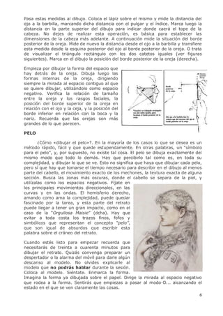 6
Pasa estas medidas al dibujo. Coloca el lápiz sobre el mismo y mide la distancia del
ojo a la barbilla, marcando dicha distancia con el pulgar y el índice. Marca luego la
distancia en la parte superior del dibujo para indicar donde caerá el tope de la
cabeza. No dejes de realizar esta operación, es básica para establecer las
dimensiones de la cabeza más adelante. A continuación mide la situación del borde
posterior de la oreja. Mide de nuevo la distancia desde el ojo a la barbilla y transfiere
esta medida desde la esquina posterior del ojo al borde posterior de la oreja. O trata
de visualizar el triángulo rectángulo con los dos catetos iguales (ver figuras
siguientes). Marca en el dibujo la posición del borde posterior de la oreja (derecha).
Empieza por dibujar la forma del espacio que
hay detrás de la oreja. Dibuja luego las
formas internas de la oreja, dirigiendo
siempre la mirada al espacio contiguo al que
se quiere dibujar, utilizándolo como espacio
negativo. Verifica la relación de tamaño
entre la oreja y los rasgos faciales, la
posición del borde superior de la oreja en
relación con el ojo y la ceja, y la posición del
borde inferior en relación con la boca y la
nariz. Recuerda que las orejas son más
grandes de lo que parecen.
PELO
¿Cómo «dibujar el pelo»?. En la mayoría de los casos lo que se desea es un
método rápido, fácil y que quede estupendamente. En otras palabras, un “símbolo
para el pelo”, y, por supuesto, no existe tal cosa. El pelo se dibuja exactamente del
mismo modo que todo lo demás. Hay que percibirlo tal como es, en toda su
complejidad, y dibujar lo que se ve. Esto no significa que haya que dibujar cada pelo,
pero sí que hay que tomarse el tiempo necesario para describir en el dibujo al menos
parte del cabello, el movimiento exacto de los mechones, la textura exacta de alguna
sección. Busca las zonas más oscuras, donde el cabello se separa de la piel, y
utilízalas como los espacios negativos. Fíjate en
los principales movimientos direccionales, en las
curvas y en las ondas. El hemisferio derecho,
amando como ama la complejidad, puede quedar
fascinado por la tarea, y esta parte del retrato
puede llegar a tener un gran impacto, como en el
caso de la “Orgullosa Maisie” (dcha). Hay que
evitar a toda costa los trazos finos, fofos y
simbólicos que representan el concepto “pelo”,
que son igual de absurdos que escribir esta
palabra sobre el cráneo del retrato.
Cuando estés listo para empezar recuerda que
necesitarás de treinta a cuarenta minutos para
dibujar el retrato. Quizás convenga preparar un
despertador o la alarma del móvil para darle algún
descanso al modelo. No olvides explicarle al
modelo que no podrás hablar durante la sesión.
Coloca al modelo. Siéntate. Enmarca la forma.
Imagina la forma ya dibujada sobre el papel. Dirige la mirada al espacio negativo
que rodea a la forma. Sentirás que empiezas a pasar al modo-D... alcanzando el
estado en el que se ven claramente las cosas.
 
