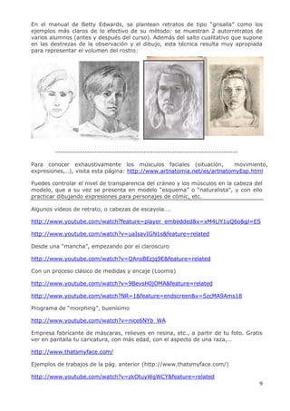 9
En el manual de Betty Edwards, se plantean retratos de tipo “grisalla” como los
ejemplos más claros de lo efectivo de su método: se muestran 2 autorretratos de
varios alumnos (antes y después del curso). Además del salto cualitativo que supone
en las destrezas de la observación y el dibujo, esta técnica resulta muy apropiada
para representar el volumen del rostro:
---------------------------------------------------------------------------
Para conocer exhaustivamente los músculos faciales (situación, movimiento,
expresiones,..), visita esta página: http://www.artnatomia.net/es/artnatomyEsp.html
Puedes controlar el nivel de transparencia del cráneo y los músculos en la cabeza del
modelo, que a su vez se presenta en modelo “esquema” o “naturalista”, y con ello
practicar dibujando expresiones para personajes de cómic, etc.
Algunos videos de retrato, o cabezas de escayola….
http://www.youtube.com/watch?feature=player_embedded&v=xM4LlY1uQ6o&gl=ES
http://www.youtube.com/watch?v=uaIsavIGN1s&feature=related
Desde una “mancha”, empezando por el claroscuro
http://www.youtube.com/watch?v=QAnsBEzjq9E&feature=related
Con un proceso clásico de medidas y encaje (Loomis)
http://www.youtube.com/watch?v=9BevsH0jOMA&feature=related
http://www.youtube.com/watch?NR=1&feature=endscreen&v=5zcMA9Ams18
Programa de “morphing”, buenísimo
http://www.youtube.com/watch?v=nice6NYb_WA
Empresa fabricante de máscaras, relieves en resina, etc., a partir de tu foto. Gratis
ver en pantalla tu caricatura, con más edad, con el aspecto de una raza,…
http://www.thatsmyface.com/
Ejemplos de trabajos de la pág. anterior (http://www.thatsmyface.com/)
http://www.youtube.com/watch?v=zkOtuyWgWCY&feature=related
 
