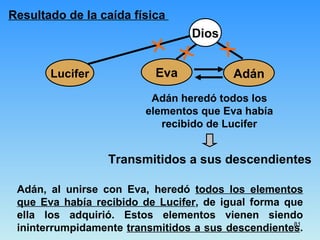 Lucifer エバ Dios Eva Adán heredó todos los elementos que Eva había recibido de Lucifer Transmitidos a sus descendientes Resultado de la caída física  Adán, al unirse con Eva, heredó  todos los elementos que Eva había recibido de Lucifer , de igual forma que ella los adquirió. Estos elementos vienen siendo ininterrumpidamente  transmitidos a sus descendientes .  アダム Adán 