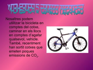 Nosaltres podem utilitzar la bicicleta en comptes del cotxe, caminar en els llocs en comptes d’agafar qualsevol, vehicle. També, recentment han sortit cotxes que emeten poques emissions de CO 2 . Solucions a nivell personal 