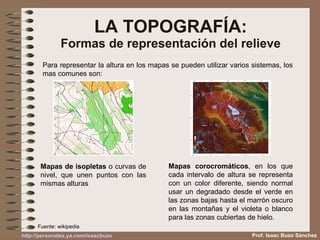 LA TOPOGRAFÍA: Formas de representación del relieve Prof. Isaac Buzo Sánchez Para representar la altura en los mapas se pueden utilizar varios sistemas, los mas comunes son:  Mapas de isopletas  o curvas de nivel, que unen puntos con las mismas alturas Mapas corocromáticos , en los que cada intervalo de altura se representa con un color diferente, siendo normal usar un degradado desde el verde en las zonas bajas hasta el marrón oscuro en las montañas y el violeta o blanco para las zonas cubiertas de hielo. Fuente: wikipedia 