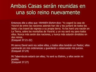 Ambas Casas serán reunidas en una solo reino nuevamente Entonces dile a ellos que  YAHWEH Elohim  dice:  'Yo cogeré la casa de Yisra'el de entre las naciones adonde han ido y los juntaré de todos los lados y los traeré de regreso a su propia tierra. Yo los haré una nación en La Tierra, sobre las montañas de Yisra'el; y un rey será rey para todos ellos. Nunca más serán dos naciones, y nunca más estarán divididos en dos reinos.  (Ezequiel 37:21-22) Mi siervo David será rey sobre ellos, y todos ellos tendrán un Pastor; ellos caminarán en mis ordenanzas y guardarán y observarán mis juicios.  (Ezequiel 37:24) Mi Tabernáculo estará con ellos; Yo seré su Elohim, y ellos serán mi pueblo.  (Ezequiel 37:27) 
