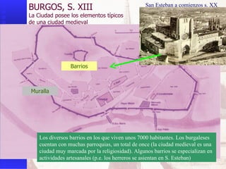 Muralla BURGOS, S. XIII La Ciudad posee los elementos típicos  de una ciudad medieval Los diversos barrios en los que viven unos 7000 habitantes. Los burgaleses cuentan con muchas parroquias, un total de once (la ciudad medieval es una ciudad muy marcada por la religiosidad). Algunos barrios se especializan en actividades artesanales (p.e. los herreros se asientan en S. Esteban) Barrios San Esteban a comienzos s. XX 