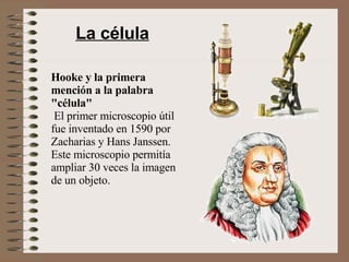 La célula Hooke y la primera mención a la palabra &quot;célula&quot;  El primer microscopio útil fue inventado en 1590 por Zacharias y Hans Janssen. Este microscopio permitía ampliar 30 veces la imagen de un objeto.  