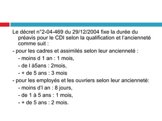 Le décret n°2-04-469 du 29/12/2004 fixe la durée du
préavis pour le CDI selon la qualification et l’ancienneté
comme suit :
- pour les cadres et assimilés selon leur ancienneté :
- moins d 1 an : 1 mois,
- de l à5ans : 2mois,
- + de 5 ans : 3 mois
- pour les employés et les ouvriers selon leur ancienneté:
- moins d’l an : 8 jours,
- de 1 à 5 ans : 1 mois,
- + de 5 ans : 2 mois.
 