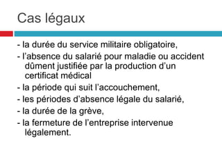 Cas légaux
- la durée du service militaire obligatoire,
- l’absence du salarié pour maladie ou accident
dûment justifiée par la production d’un
certificat médical
- la période qui suit l’accouchement,
- les périodes d’absence légale du salarié,
- la durée de la grève,
- la fermeture de l’entreprise intervenue
légalement.
 