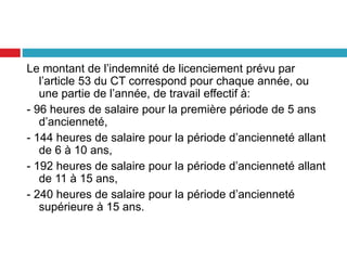 Le montant de l’indemnité de licenciement prévu par
l’article 53 du CT correspond pour chaque année, ou
une partie de l’année, de travail effectif à:
- 96 heures de salaire pour la première période de 5 ans
d’ancienneté,
- 144 heures de salaire pour la période d’ancienneté allant
de 6 à 10 ans,
- 192 heures de salaire pour la période d’ancienneté allant
de 11 à 15 ans,
- 240 heures de salaire pour la période d’ancienneté
supérieure à 15 ans.
 