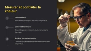 Mesurer et contrôler la
chaleur
1 Thermomètres
Instruments utilisés pour mesurer la température.
2 Capteurs thermiques
Dispositifs qui convertissent la chaleur en un signal
électrique.
3 Système de refroidissement
Dispositifs qui permettent de contrôler et de réduire la
température.
 