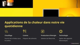 Applications de la chaleur dans notre vie
quotidienne
Chauffage
Fournir de la chaleur pour
le confort.
Cuisine
Préparer des aliments.
Production d'énergie
Générer de l'électricité.
Technologie
Opérer des appareils
électroniques.
 