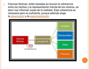 2) Ciencias fácticas: están basadas en buscar la coherencia
entre los hechos y la representación mental de los mismos ,es
decir nos informan cosas de la realidad. Esta coherencia es
necesaria pero no suficiente, porque además exige
la observación y la experimentación.
 