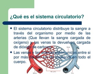 ¿Qué es el sistema circulatorio? El sistema circulatorio distribuye la sangre a través del organismo por medio de las arterias (Que llevan la sangre cargada de oxígeno) y las venas la devuelven cargada de dióxido de carbono. Las venas y las arterias están unidas entre si por más 60.000 km de capilares en todo el cuerpo. 