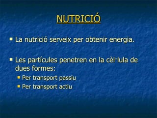 NUTRICIÓ La nutrició serveix per obtenir energia. Les partícules penetren en la cèl·lula de dues formes: Per transport passiu  Per transport actiu 