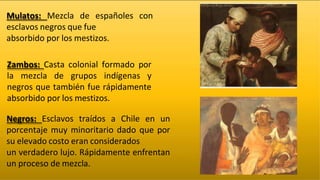Mulatos: Mezcla de españoles con
esclavos negros que fue
absorbido por los mestizos.
Zambos: Casta colonial formado por
la mezcla de grupos indígenas y
negros que también fue rápidamente
absorbido por los mestizos.
Negros: Esclavos traídos a Chile en un
porcentaje muy minoritario dado que por
su elevado costo eran considerados
un verdadero lujo. Rápidamente enfrentan
un proceso de mezcla.
 
