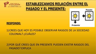 ESTABLEZCAMOS RELACIÓN ENTRE EL
PASADO Y EL PRESENTE:
RESPONDE:
1)CREES QUE HOY ES POSIBLE OBSERVAR RASGOS DE LA SOCIEDAD
COLONIAL? ¿CUÁLES?
2)POR QUÉ CREES QUE EN PRESENTE PUEDEN EXISTIR RASGOS DEL
PASADO? EXPLICA
 