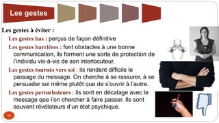 14
Les gestes bas : perçus de façon définitive
Les gestes barrières : font obstacles à une bonne
communication, ils forment une sorte de protection de
l’individu vis-à-vis de son interlocuteur.
Les gestes tournés vers soi : ils rendent difficile le
passage du message. On cherche à se rassurer, à se
persuader soi même plutôt que de s’ouvrir à l’autre.
Les gestes perturbateurs : ils sont en décalage avec le
message que l’on chercher à faire passer. Ils sont
souvent révélateurs d’un état psychique.
Les gestes à éviter :
Les gestes
 